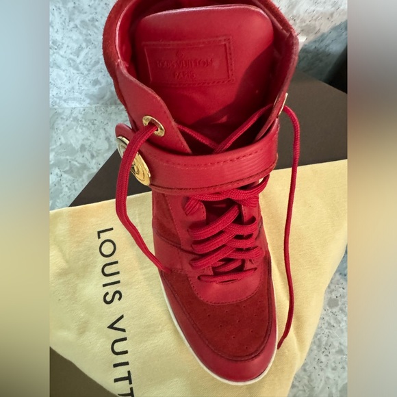 Authentic Louis Vuitton red leather and suede high top wedge sneakers - Picture 6 of 9